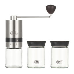 51906 GIPFEL Кофемолка ручная ESSENCE со стальными жерновами, с двумя стеклянными баночками для хранения кофе в подарочной упаковке. Материал: стекло, пластик, нержавеющая сталь 18/10.  фото 3