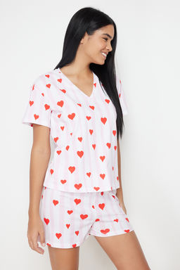 Trendyolmilla Pudra-Cok Renkli %100 Pamuklu Cizgili ve Kalpli Sortlu Orme Pijama Tak?m? THMSS24PT00073  фото 2