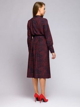 Платье темно-синее с мелким принтом длины миди с бантом и высокими манжетами