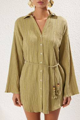 TRENDYOLMILLA Ekru Mini Dokuma Puskullu Flaml? Pamuk Plaj Elbisesi TBESS25EL00011  фото 13