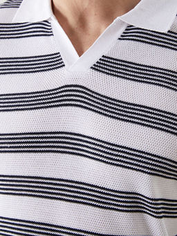 Polo Yaka ?izgili Erkek Dokulu Triko Kazak