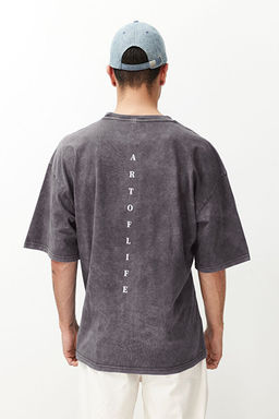 Antrasit Oversize/Geni_ Kesim Soluk Efektli Yaz_ Bask_l_ %100 Pamuklu T-Shirt TMNSS23TS00166