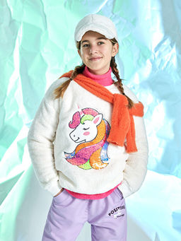 Bisiklet Yaka Nak??l? Uzun Kollu Pel?? K?z ?ocuk Sweatshirt
