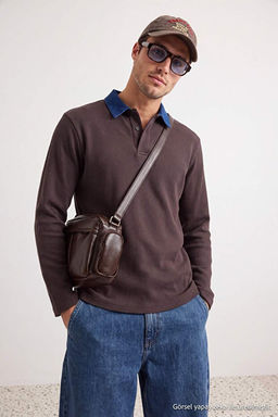 Kahverengi Regular/Normal Kesim Dokulu Denim Yaka Detayl_ Polo Yaka T-shirt TMNSS26PO00001