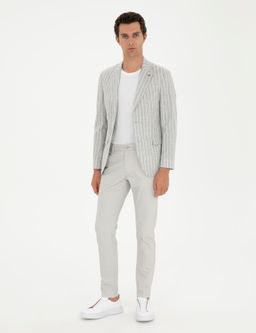 A__k Gri Slim Fit Y_n Keten Kar___ml_ Ceket