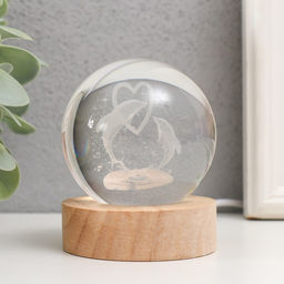 Световая фигурка стекло Шар. Голограмма: Два дельфина, d=6 см, подставка дерево, USB, 6.5?6.5?7.5 см