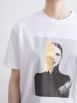 Bisiklet Yaka Bask?l? Oversize Kad?n Ti??rt