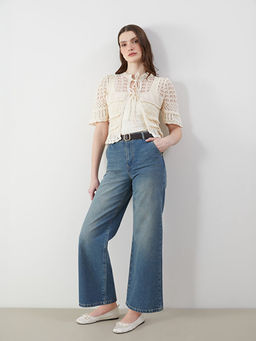 Beli Kemerli Wideleg Kad?n Jean Pantolon