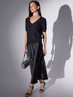 Джемпер с V вырезом и коротким рукавом из хлопковой пряжи с пайетками - Vilatte фото 5