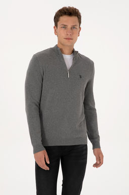 Erkek Slim Fit Yar_m Fermuarl_ Gri Melanj Basic Kazak