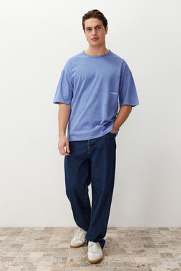 Lila Oversize/Genis Kesim Eskitme/Soluk Efektli Tok Kumas T-shirt TMNSS24TS00192