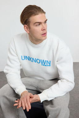 TRENDYOL MAN Ekru Oversize/Genis Kesim Yaz? Bask?l? Bisiklet Yaka Ici Polarl? Sweatshirt TMNAW25SW00047 - Trendyolmilla фото 2