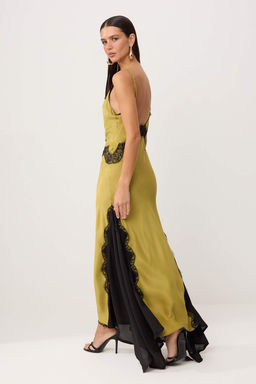 Yag Yesil Dokuma Saten Dantelli Maxi Elbise TPRSS26EL00311 - Trendyolmilla фото 4