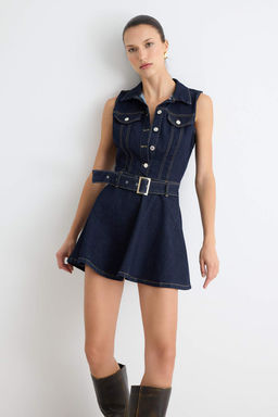 Koyu Mavi G_mlek Yaka Kemer Detayl_ K_sa Denim Elbise TWOAW27EL00031 - Trendyolmilla фото 2