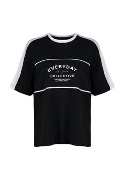 TRENDYOLMILLA Siyah %100 Pamuk Renk Bloklu Sloganl? Oversize/Genis Kal?p Orme T-Shirt TWOSS24TS00132 фото 7