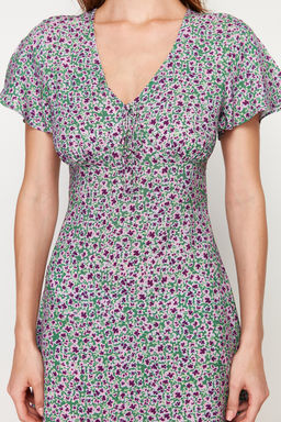 Yesil Cicek Desenli A Kesim V Yaka Midi Dokuma Elbise TWOSS24EL00618 - Trendyolmilla фото 5