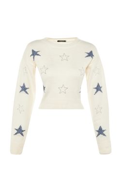 Ekru Y?lbas? Temal? Crop Yumusak Dokulu Triko Kazak TWOAW23KZ01569 - Trendyolmilla фото 8