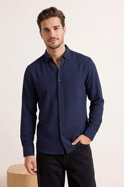 Lacivert Normal Kal_p/Regular Fit Keten G_r_n_ml_ Mevsimlik Erkek Dokuma G_mlek TMNSS26GO00008
