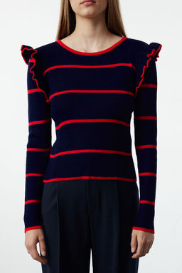 Ekru Omuzu Volanl? Cizgili Triko Kazak TWOAW25KZ00243 - Trendyolmilla фото 8