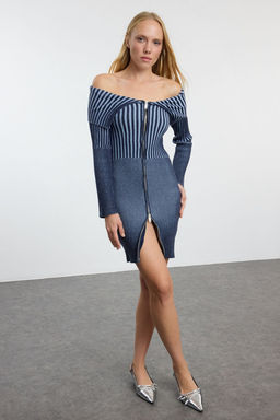 TRENDYOLMILLA Indigo Mini Triko Premium Iplik/Ozel Iplik Y?kama Efektli Elbise TWOAW25EL00005
