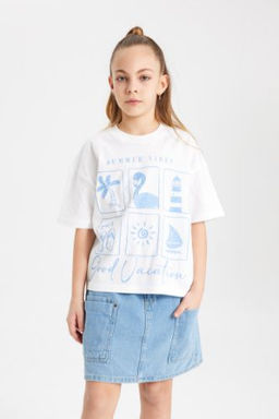 K?z Cocuk Oversize Genis Kal?p Bisiklet Yaka Bask?l? K?sa Kollu Tisort