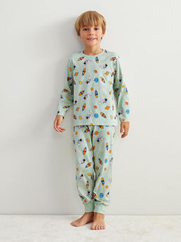 Bask?l? Erkek ?ocuk Pijama Tak?m?