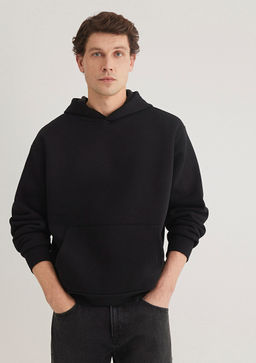 Kapusonlu Siyah Basic Sweatshirt - Mavi фото 2
