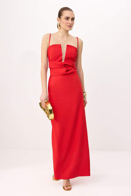 K?rm?z? Duz Dokuma Finike Maxi Abiye & Mezuniyet Elbisesi