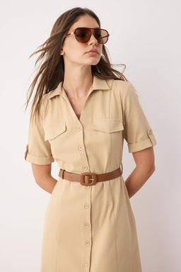 Trendyolmilla Haki Kemerli Keten Kar?s?ml? Cep Detayl? Midi Dokuma Gomlek Elbise TWOSS25EL00704  фото 9