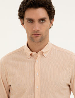 Оранжевая рубашка узкого кроя из смесового хлопка в полоску - Cacharel фото 2