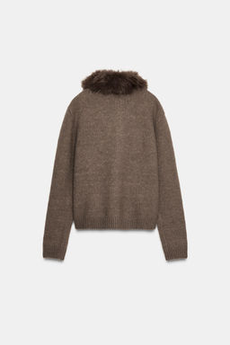 FAUX FUR LAPEL KNIT CARDIGAN