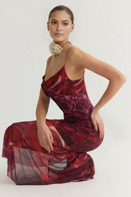 TRENDYOLMILLA Cok Renkli A-Kesim Degaje Yaka Cicek Desenli Piliseli Orme S?k Elbise TPRSS25EL00088