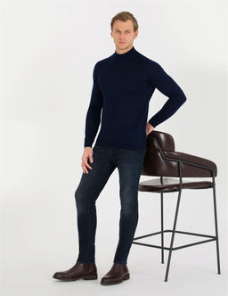 Lacivert Slim Fit Yar_m Bal_k__ Yaka Y_n Kar___ml_ Basic Triko Kazak