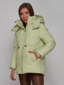 Зимняя женская куртка модная с капюшоном салатового цвета 52302Sl