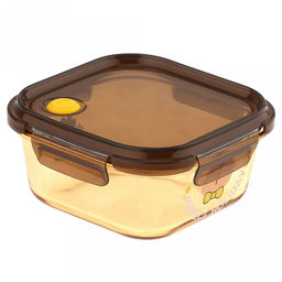 "Мишины мечты" Контейнер стеклянный 780мл, 14,8х14,8см h6,3см, боросиликатное стекло, с деколью, цвет - медовый, квадратный, пластмассовая крышка с пароотводом, герметичная, с клипсами, с силиконовым уплотнителем (Китай)