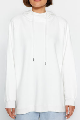 Ekru Kapusonlu Oversize Sardonlu Orme Sweatshirt