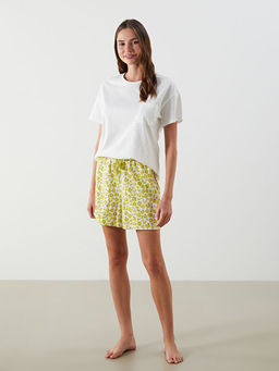 Bisiklet Yaka ?i?ekli Kad?n ?ortlu Pijama Tak?m?