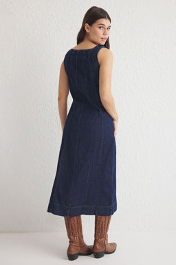 TRENDYOLMILLA Koyu Mavi Dikis Detayl? Kare Yaka Ask?l? Midi Denim Elbise TWOSS25EL00006 фото 5