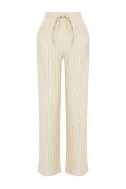 Bej Kal?n Cizgili Straight/Duz Kesim Esnek Pantolon TWOSS24PL00072