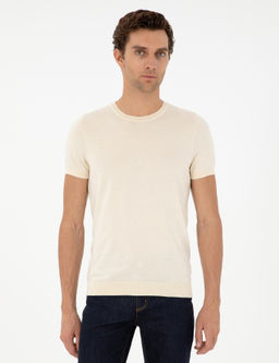 Ekru Slim Fit Bisiklet Yaka %100 Pamuk Triko T-shirt