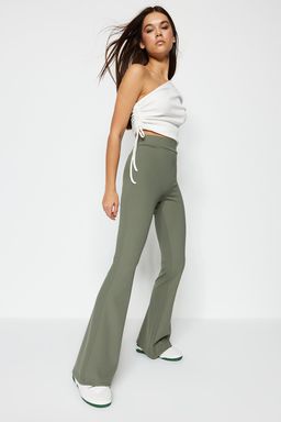TRENDYOLMILLA Siyah Fitilli Flare/Ispanyol Paca Yuksek Bel Esnek Orme Tayt Pantolon TWOSS23PL00135