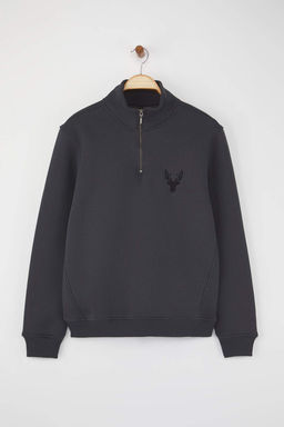 Antrasit Regular/Normal Kesim Dik Yaka Fermuarl? Pamuklu Geyik Nak?s Sweatshirt TMNAW24SW00041