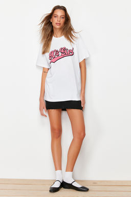 TRENDYOLMILLA Lacivert Bask?l? Oversize/Genis Kal?p Dik Yaka Orme T-Shirt TWOSS23TS00373  фото 13