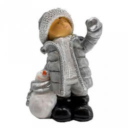 Скульптура-фигура для сада из полистоуна "Мальчик с снеговичком" h40см (Россия)