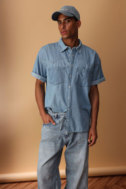 TRENDYOL MAN Mavi Genis Fit K?sa Kol Western Denim Kot Gomlek TMNSS25GO00046 - Trendyolmilla фото 2