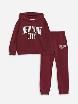 Bask?l? Uzun Kollu K?z ?ocuk Hoodie ve E?ofman Alt?