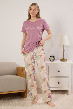 Trendyolmilla Pembe %100 Pamuklu Cicekli Sloganl? Orme Pijama Tak?m? THMSS25PT00378  фото 5