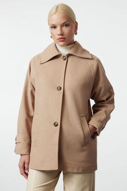 Bej C?kar?labilir Yaka Kurk Detayl? Regular Midi Yunlu Kaban TWOAW25KB00070