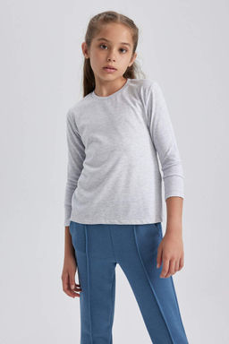 Серая школьная футболка с длинными рукавами из чесаного хлопка с круглым вырезом для девочек - Defacto фото 4
