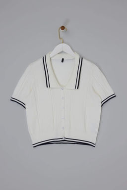 Ekru Genis Yaka Dugmeli K?sa Kol Triko Bluz TWOSS26BZ00125 - Trendyolmilla фото 5